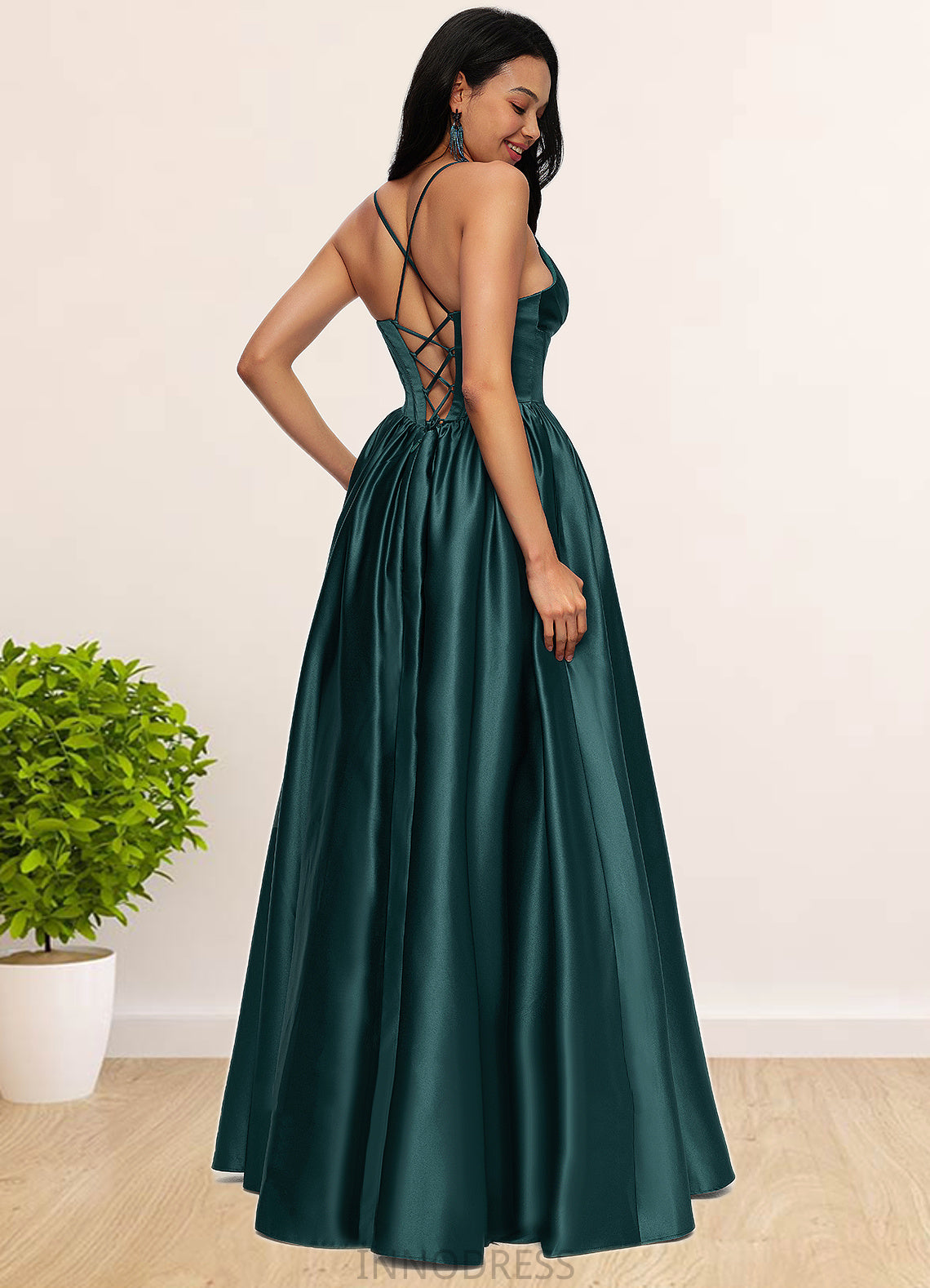 Viola Ball-Gown/Princess V-Neck Floor-Length Satin Prom Dresses With Pleated DPP0022230