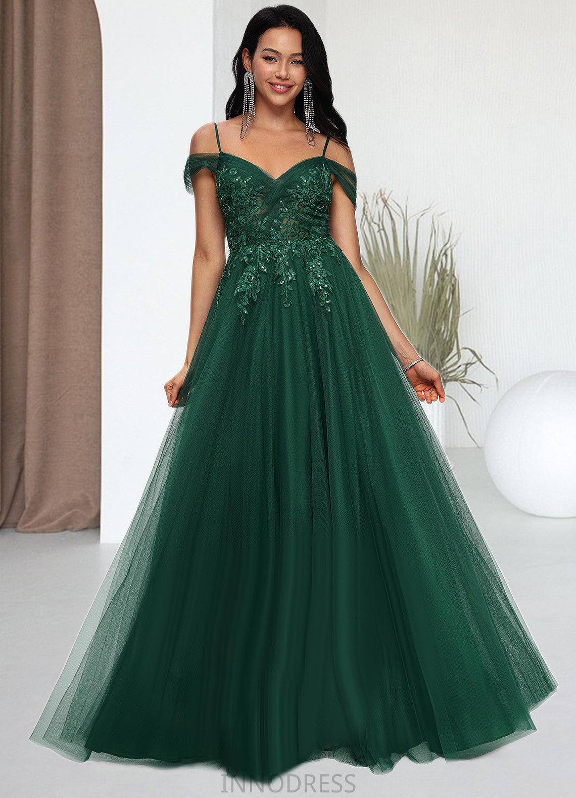 Ayla A-line Off the Shoulder Floor-Length Tulle Prom Dresses With Appliques Lace Sequins DPP0022231