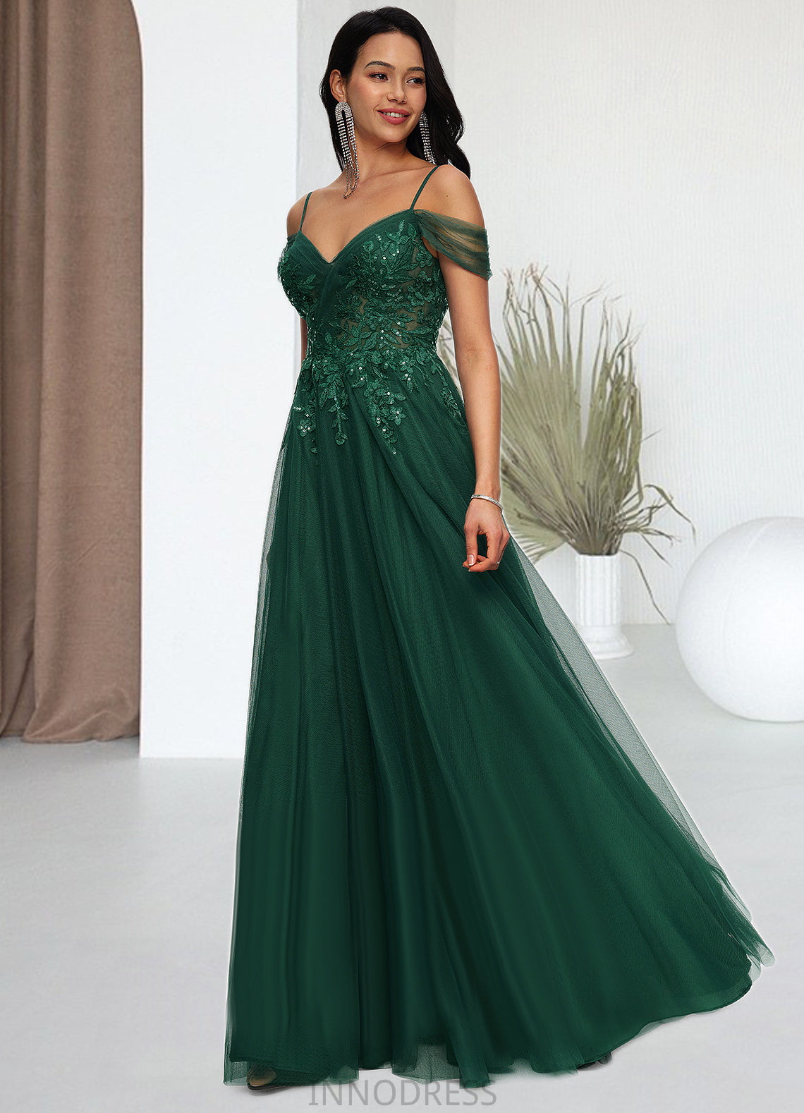 Ayla A-line Off the Shoulder Floor-Length Tulle Prom Dresses With Appliques Lace Sequins DPP0022231