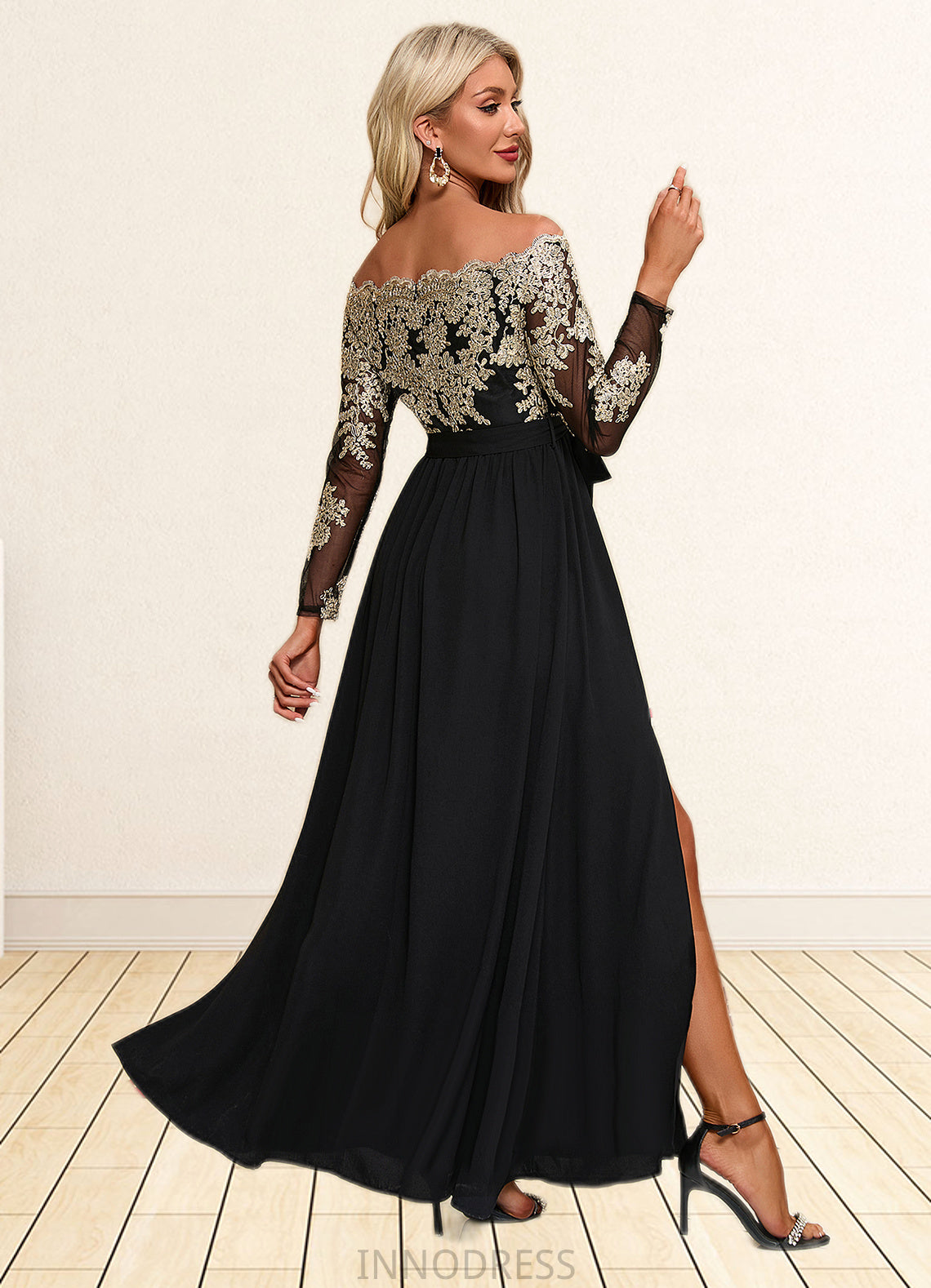 Haley Jacquard Off the Shoulder Elegant A-line Polyester Maxi Dresses DPP0022248