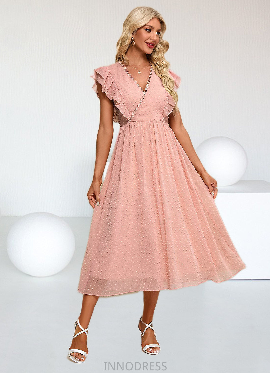 Rosalyn Jacquard V-Neck Elegant A-line Chiffon Midi Dresses DPP0022278