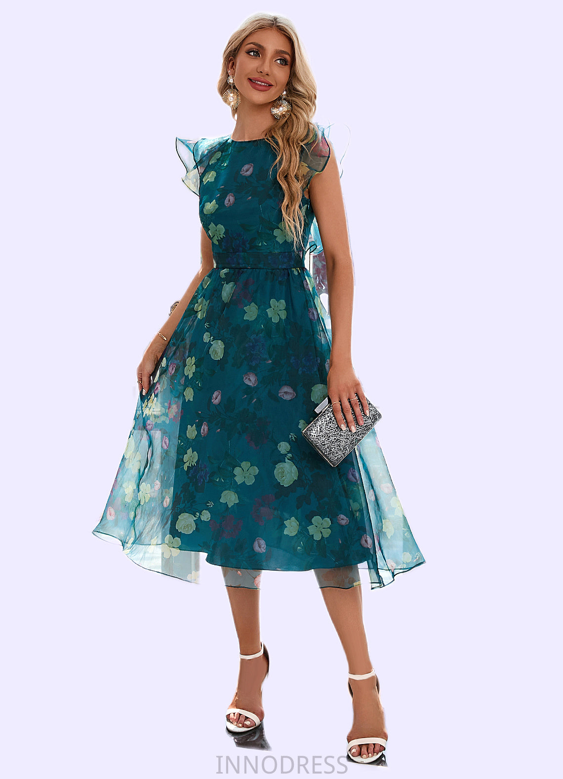 Lydia Floral Print Scoop Elegant A-line Organza Midi Dresses DPP0022318