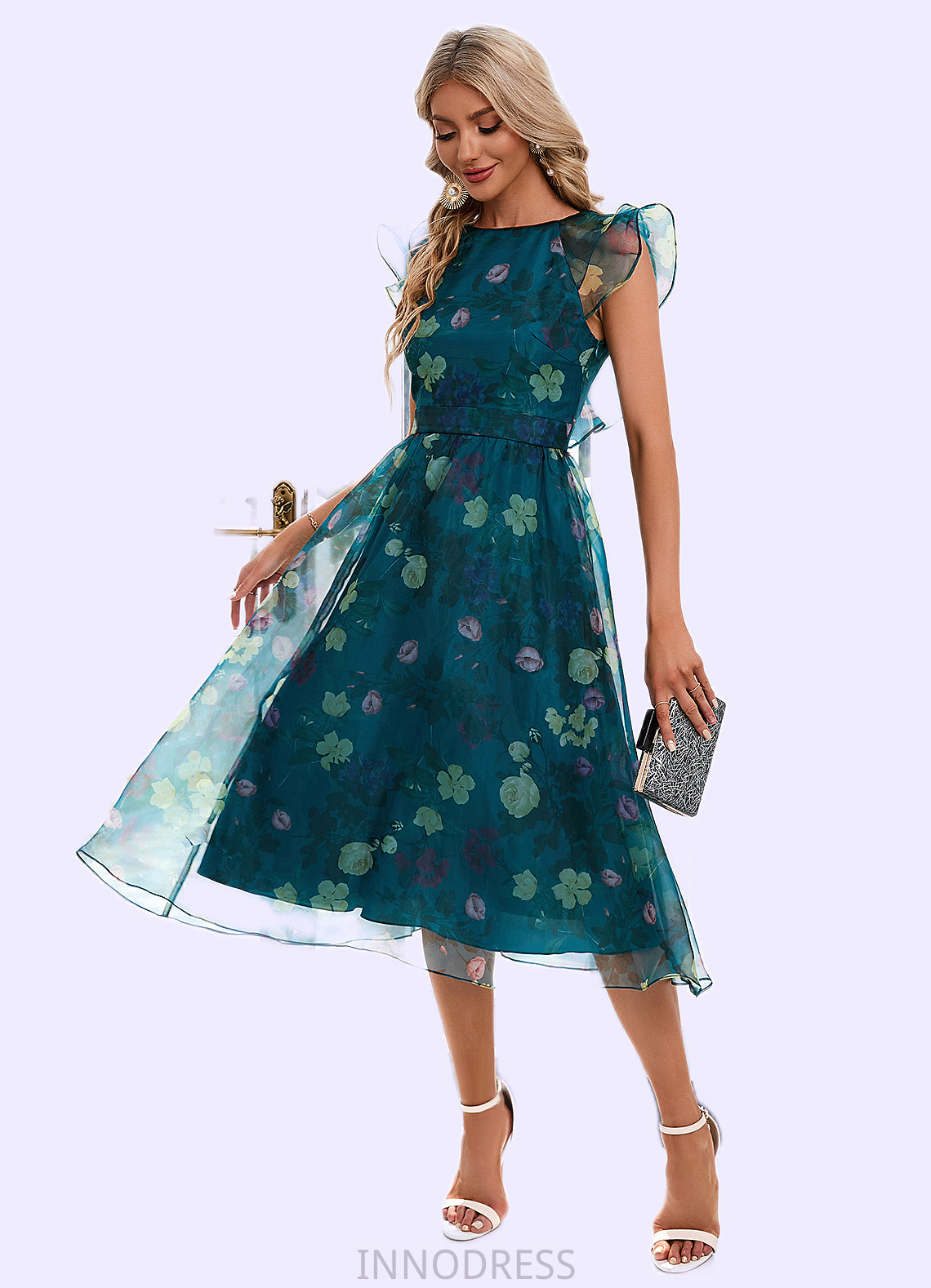 Lydia Floral Print Scoop Elegant A-line Organza Midi Dresses DPP0022318