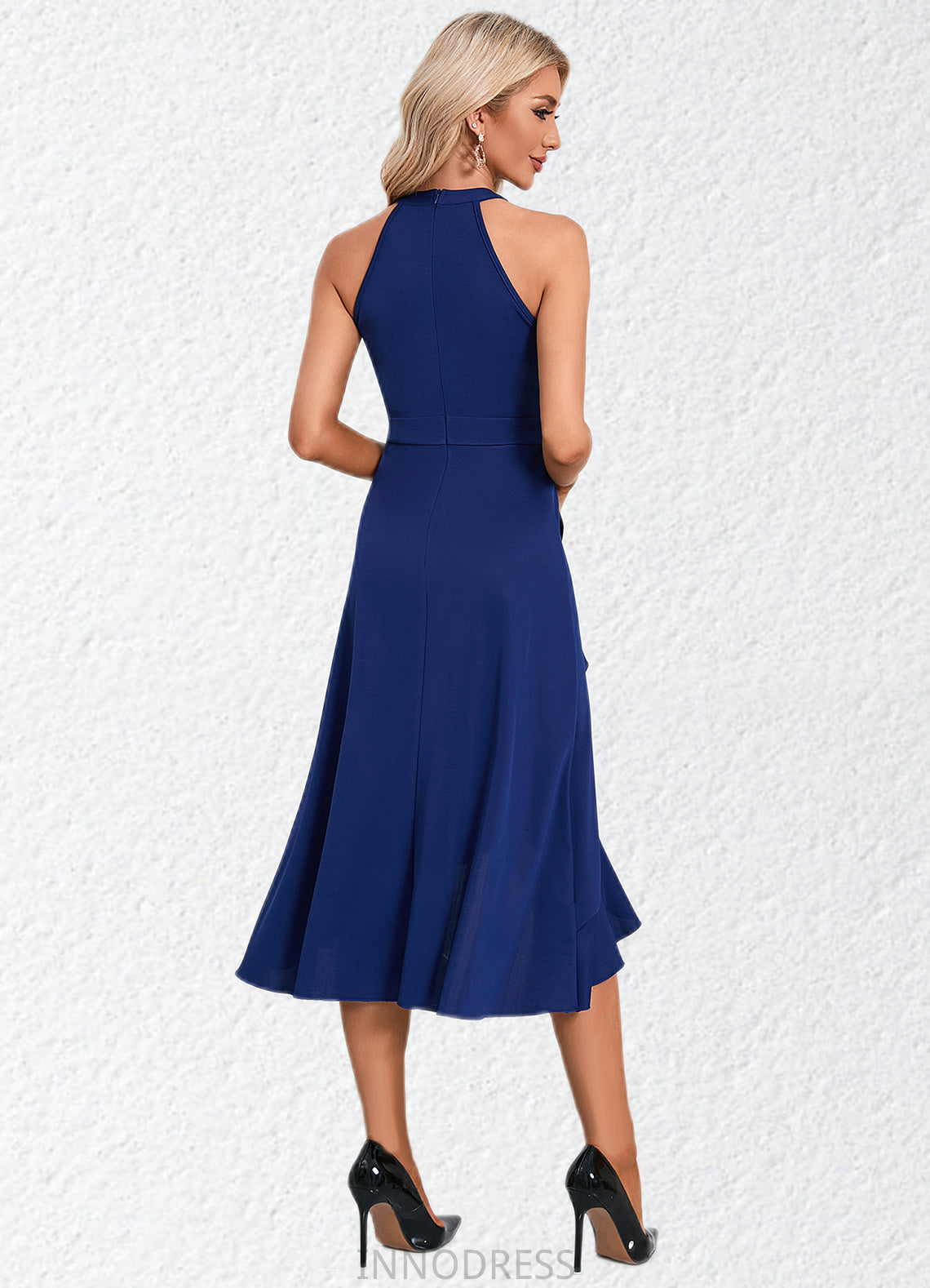 Itzel Cascading Ruffles High Neck Elegant A-line Cotton Blends Asymmetrical Midi Dresses DPP0022353