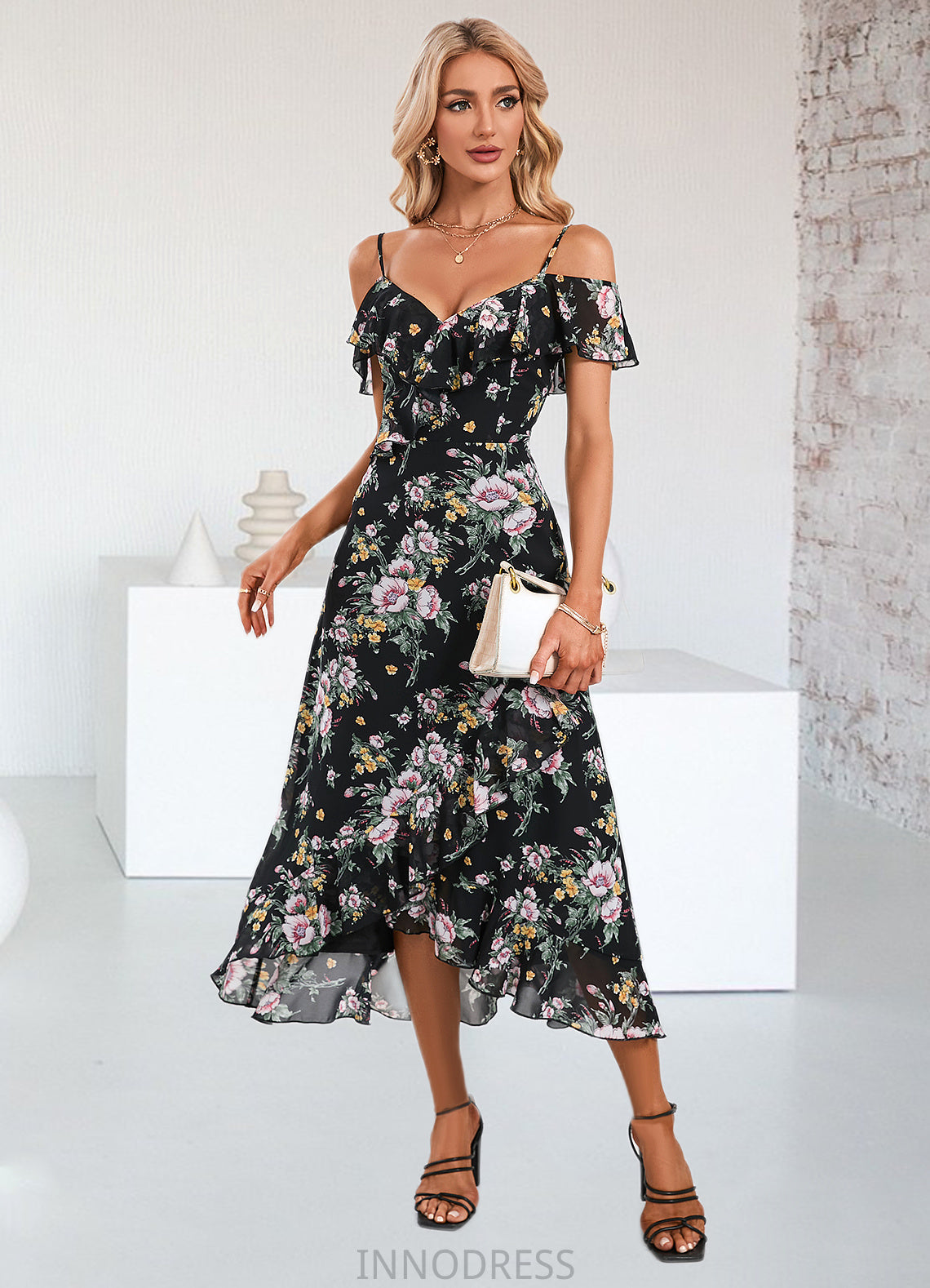 Quintina Floral Print Cold Shoulder Elegant A-line Chiffon Asymmetrical Dresses DPP0022369