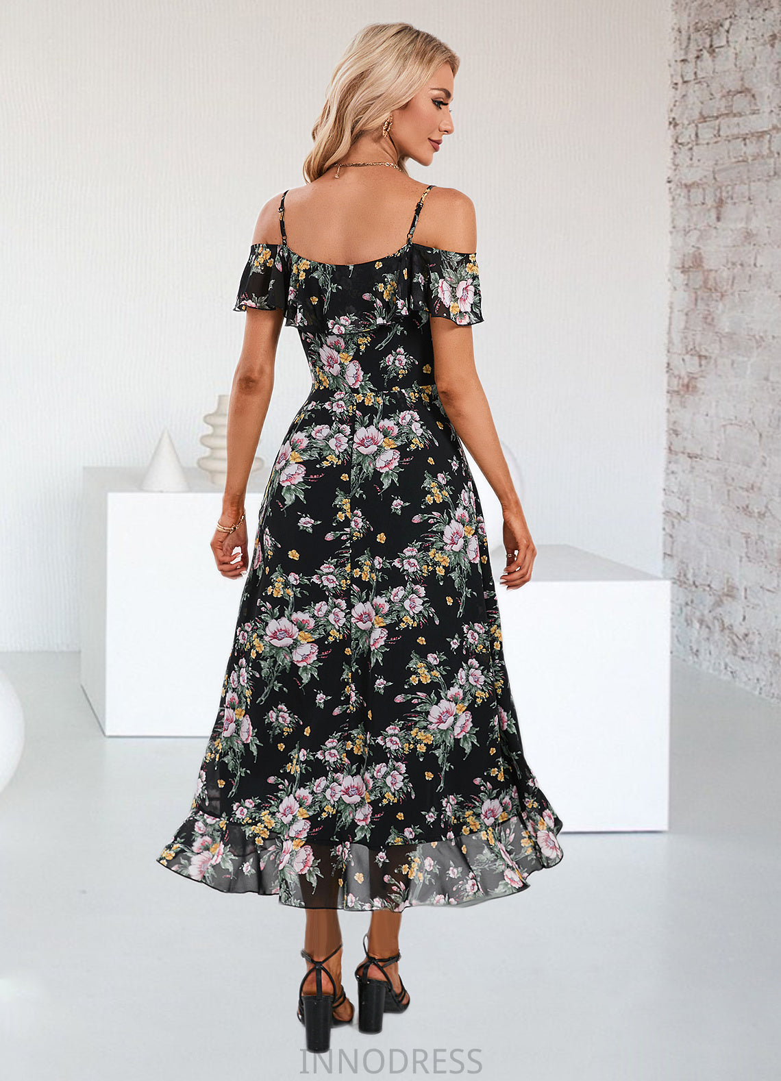 Quintina Floral Print Cold Shoulder Elegant A-line Chiffon Asymmetrical Dresses DPP0022369