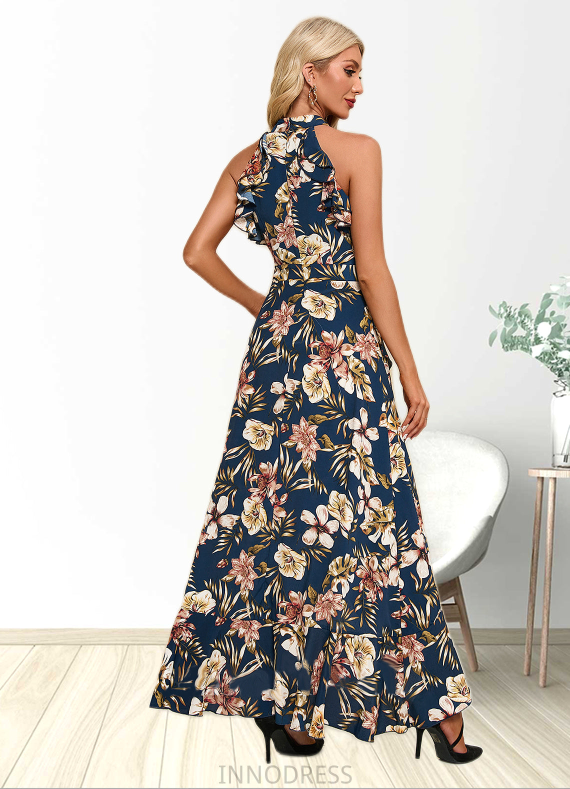 Jakayla Ruffle Floral Print High Neck Elegant A-line Polyester Asymmetrical Dresses DPP0022373