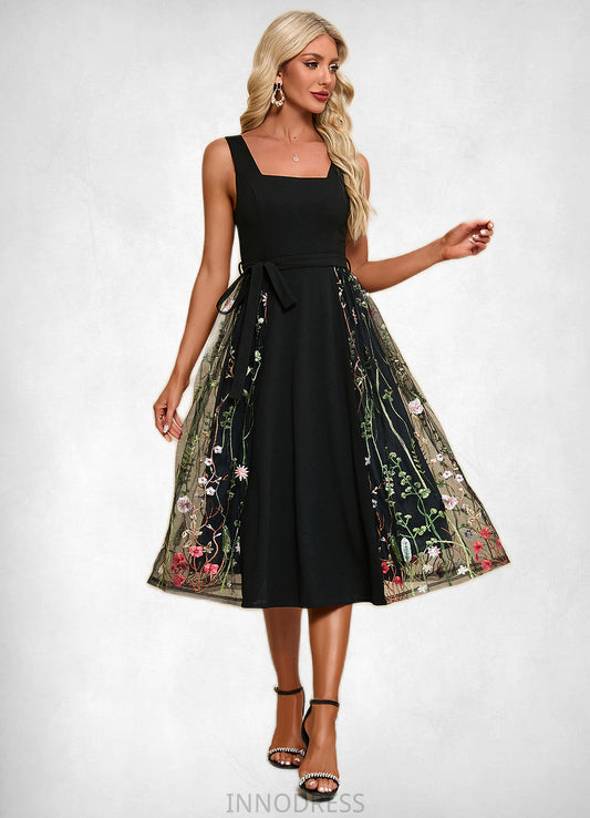 Aaliyah Flower Jacquard Square Elegant A-line Polyester Tulle Midi Dresses DPP0022392