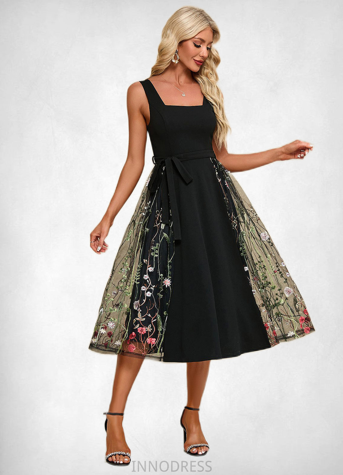 Aaliyah Flower Jacquard Square Elegant A-line Polyester Tulle Midi Dresses DPP0022392