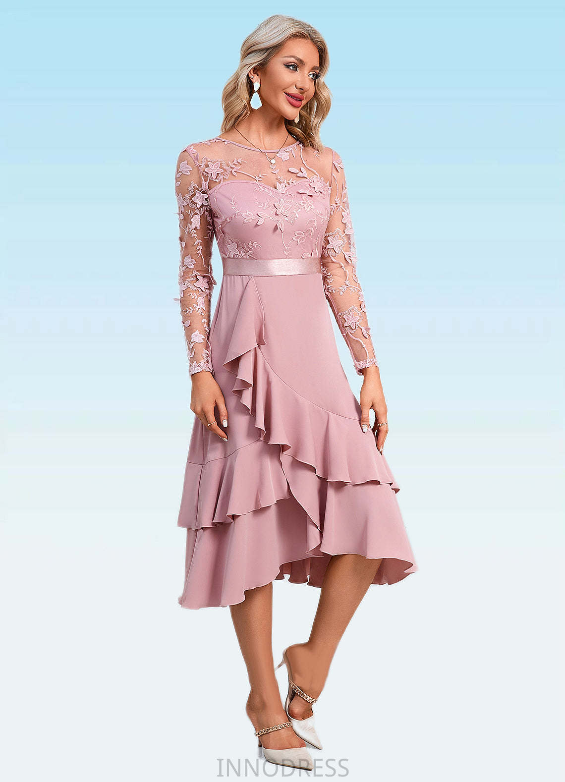 Elle Flower Cascading Ruffles Illusion Elegant A-line Jacquard Asymmetrical Dresses DPP0022393