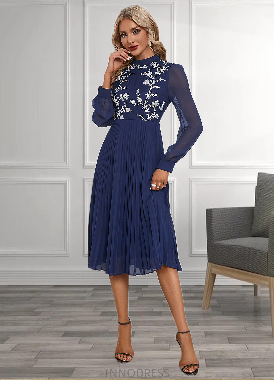 Jaylah Pleated High Neck Elegant A-line Chiffon Midi Dresses DPP0022416