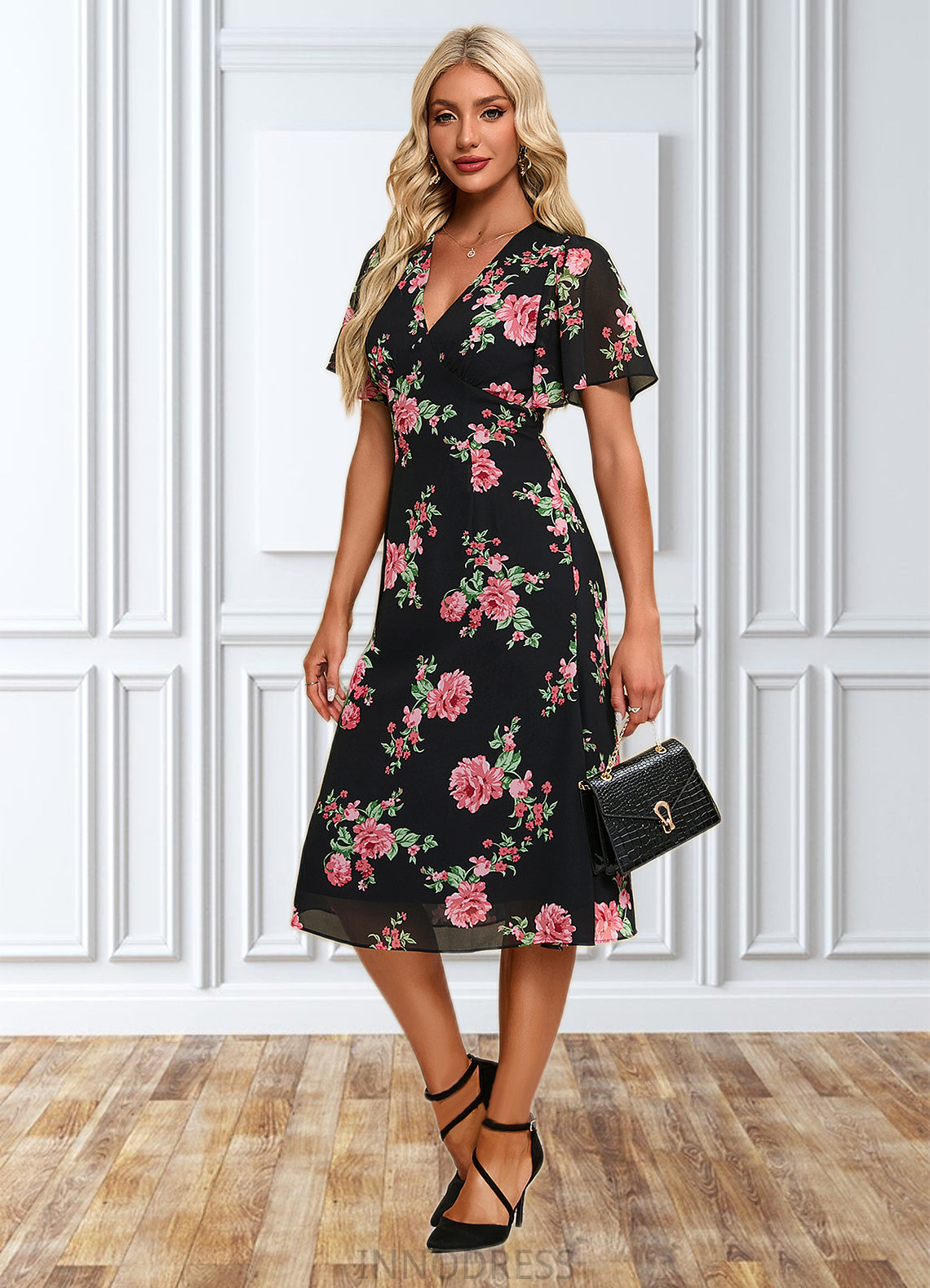 Jackie Floral Print V-Neck Elegant A-line Chiffon Midi Dresses DPP0022424