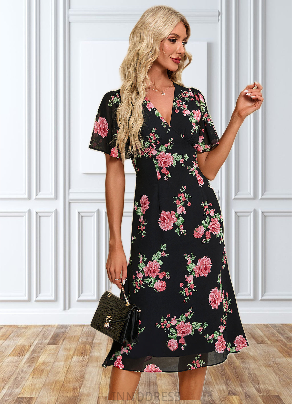 Jackie Floral Print V-Neck Elegant A-line Chiffon Midi Dresses DPP0022424