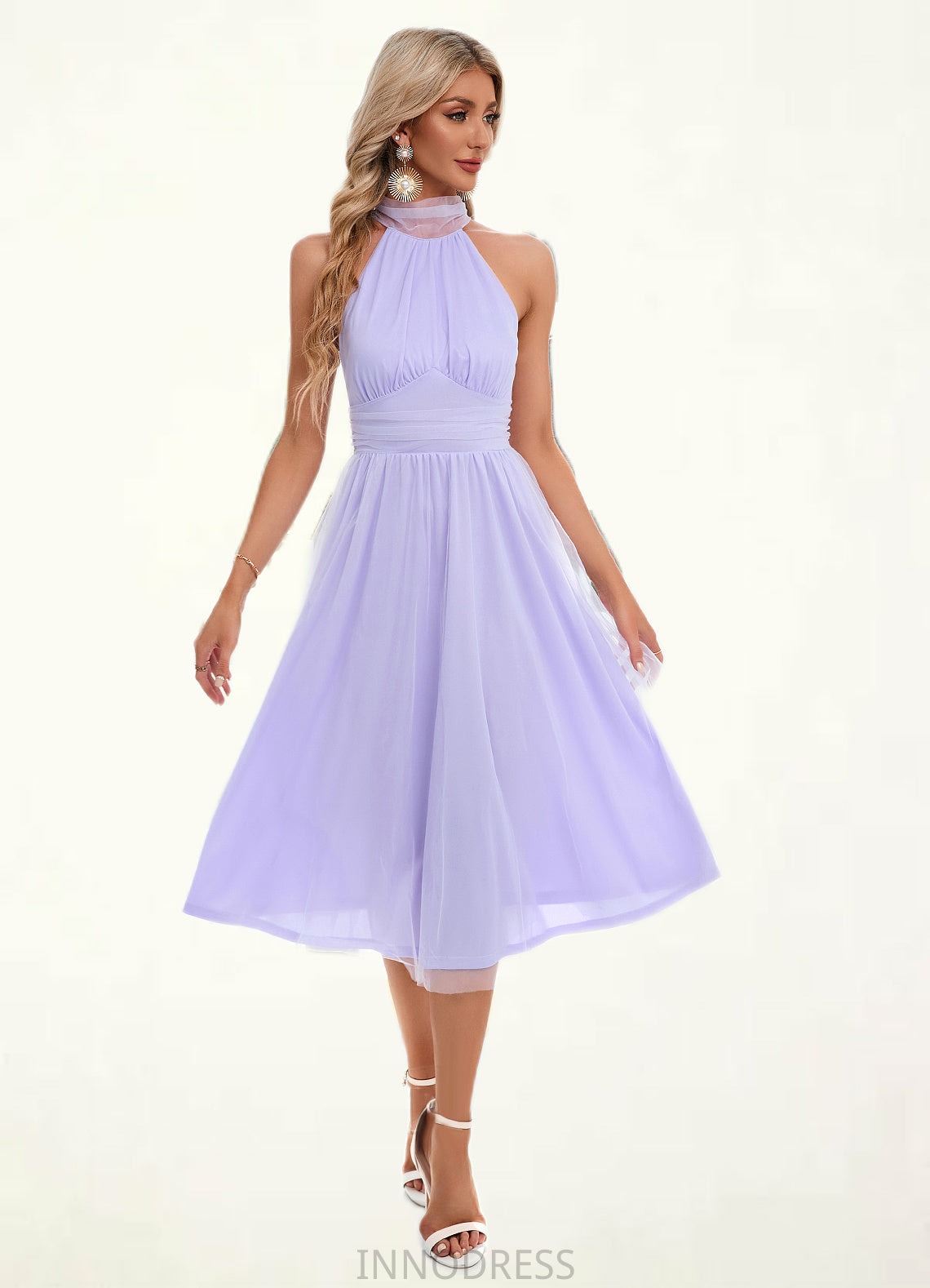 Makayla Ruffle High Neck Sexy A-line Tulle Midi Dresses DPP0022441