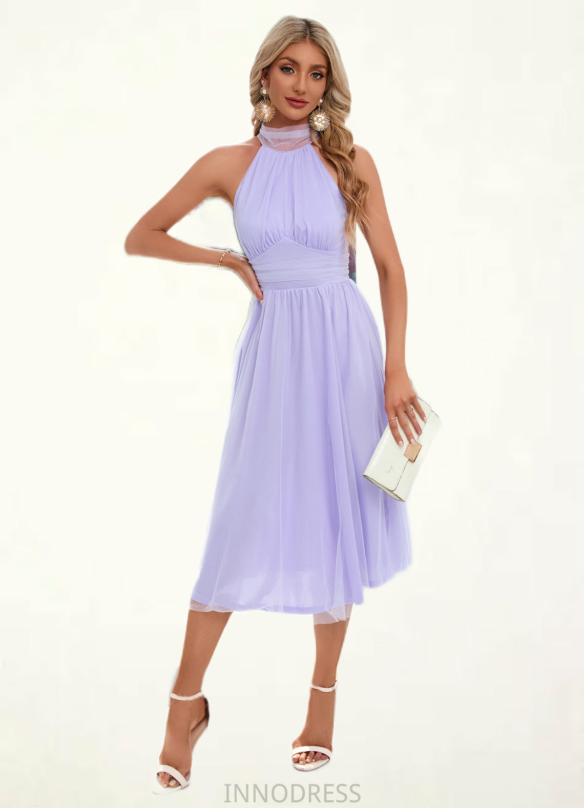 Makayla Ruffle High Neck Sexy A-line Tulle Midi Dresses DPP0022441