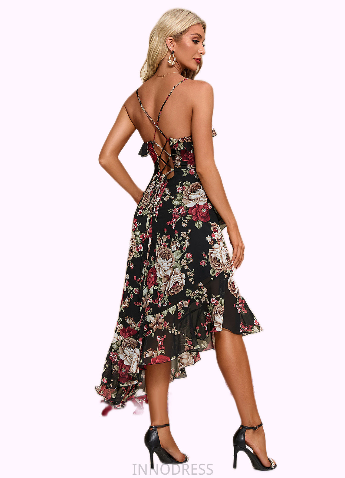 Yareli Ruffle Floral Print V-Neck Elegant A-line Chiffon Asymmetrical Dresses DPP0022447