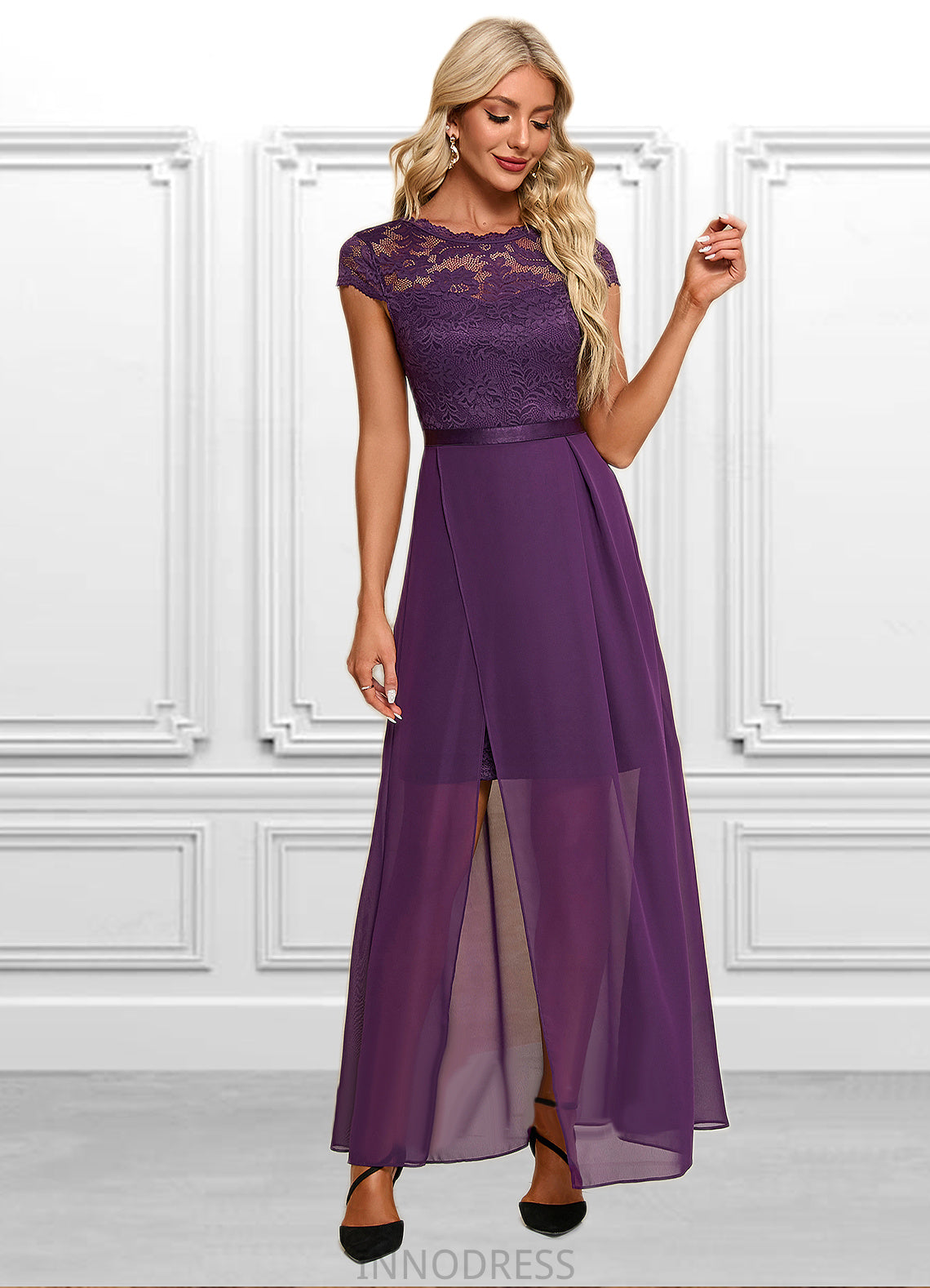 Jaliyah Illusion Elegant A-line Chiffon Lace Maxi Dresses DPP0022451