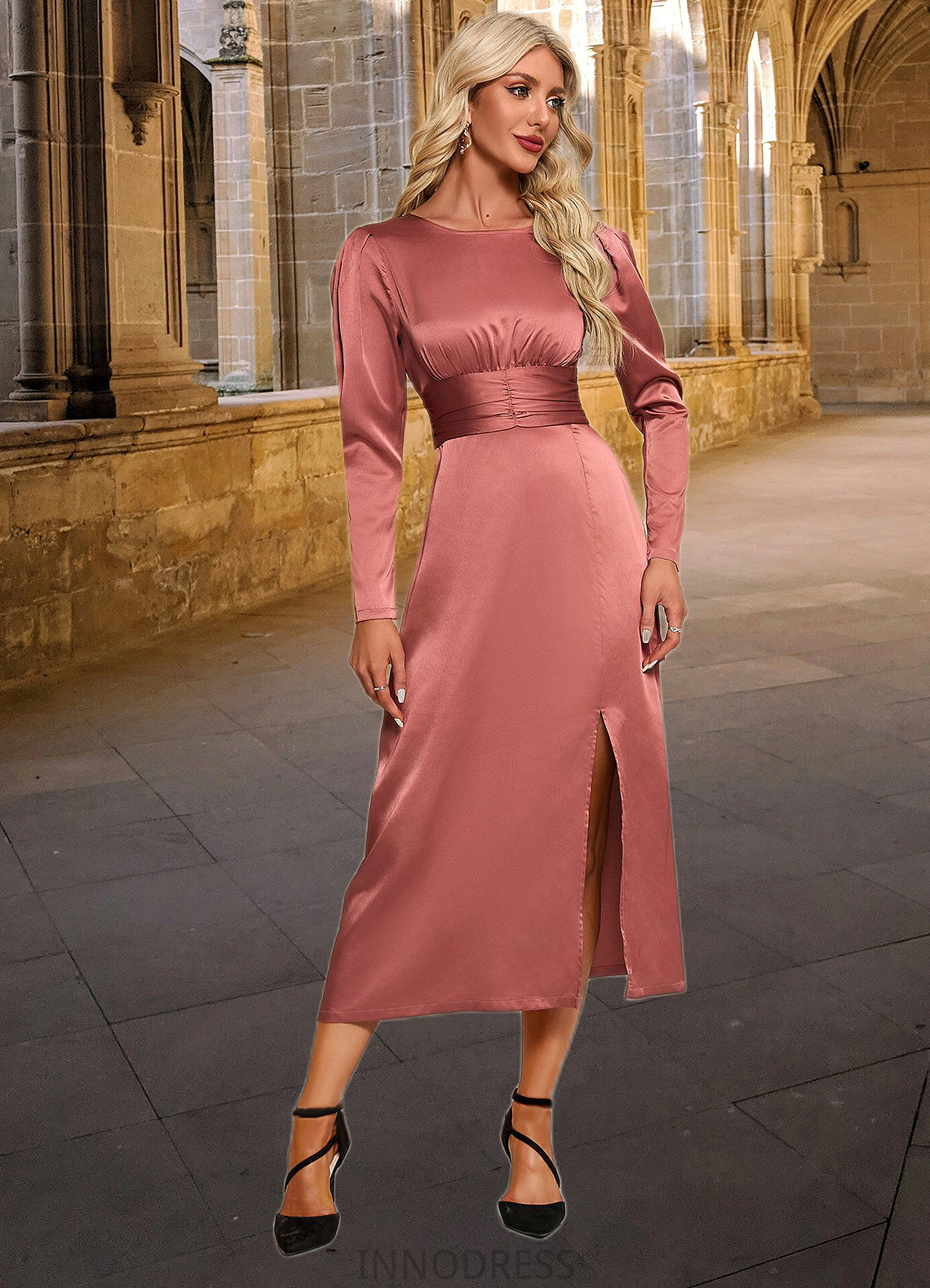 Angela Scoop Elegant A-line Satin Midi Dresses DPP0022453