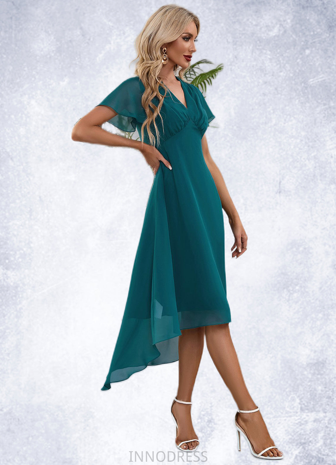 Lynn V-Neck Elegant A-line Chiffon Asymmetrical Midi Dresses DPP0022495