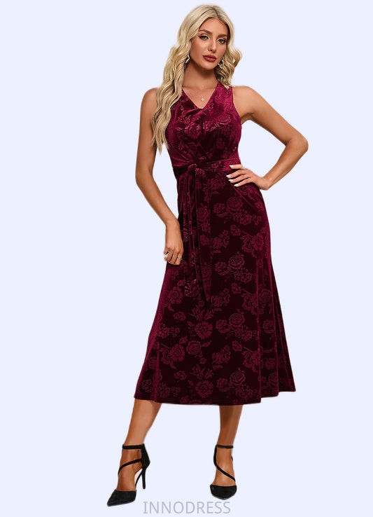 Mckayla Flower V-Neck Elegant A-line Velvet Midi Dresses DPP0022504