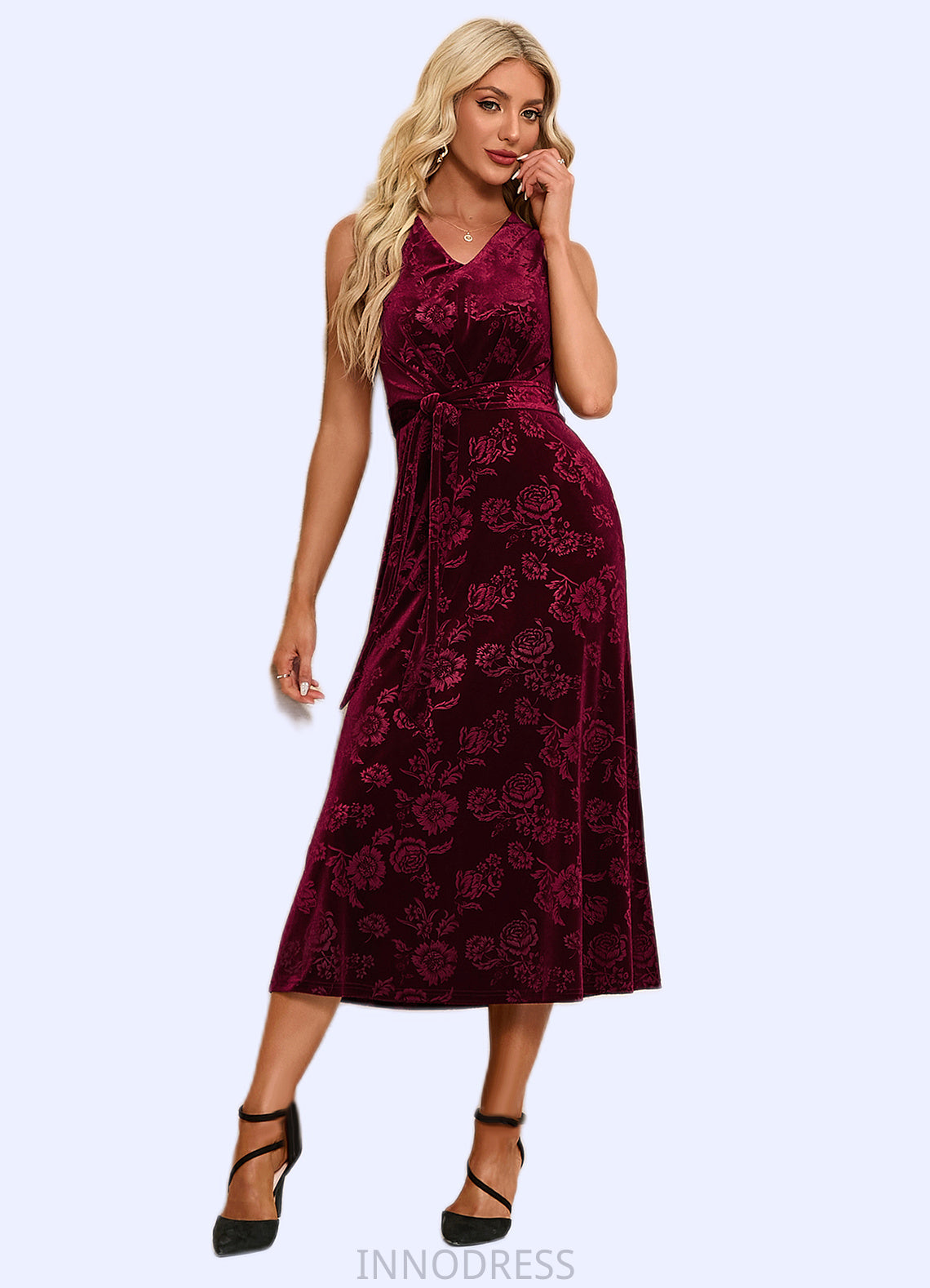 Mckayla Flower V-Neck Elegant A-line Velvet Midi Dresses DPP0022504