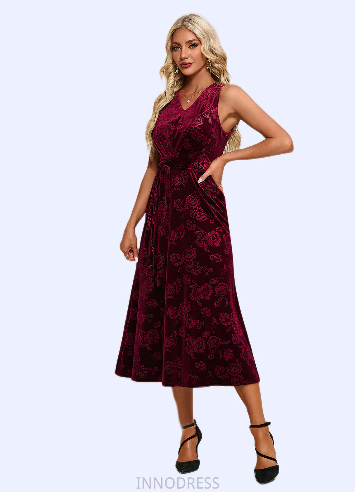 Mckayla Flower V-Neck Elegant A-line Velvet Midi Dresses DPP0022504