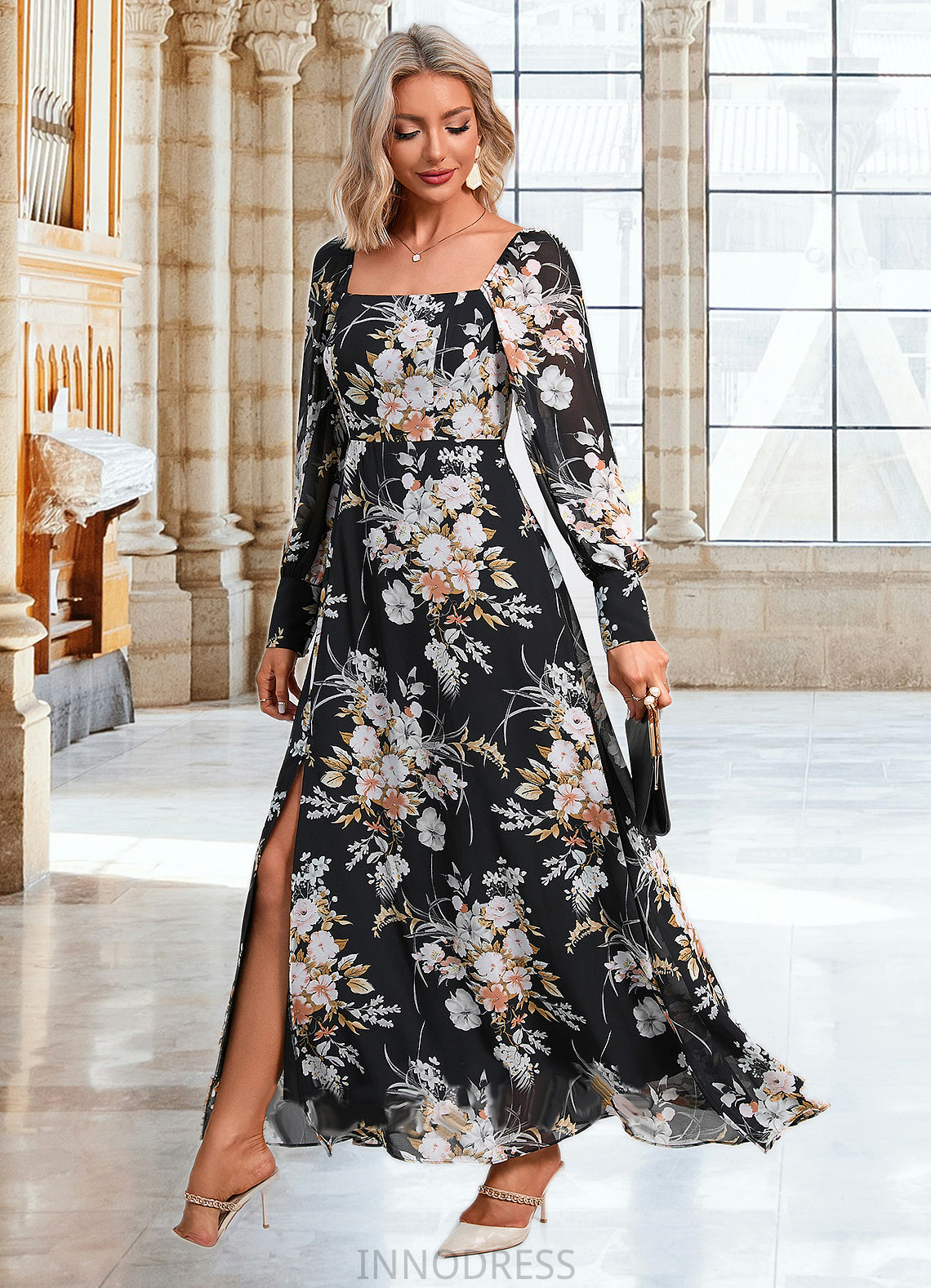 Sydney Floral Print Off the Shoulder Elegant A-line Chiffon Maxi Dresses DPP0022515