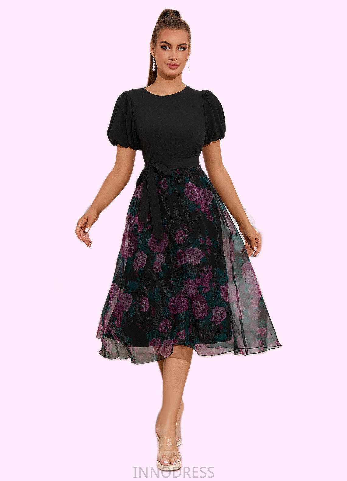 Bria Floral Print Scoop Elegant A-line Organza Midi Dresses DPP0022527