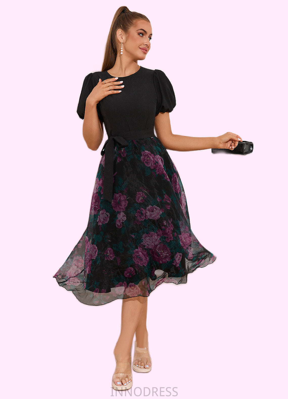 Bria Floral Print Scoop Elegant A-line Organza Midi Dresses DPP0022527