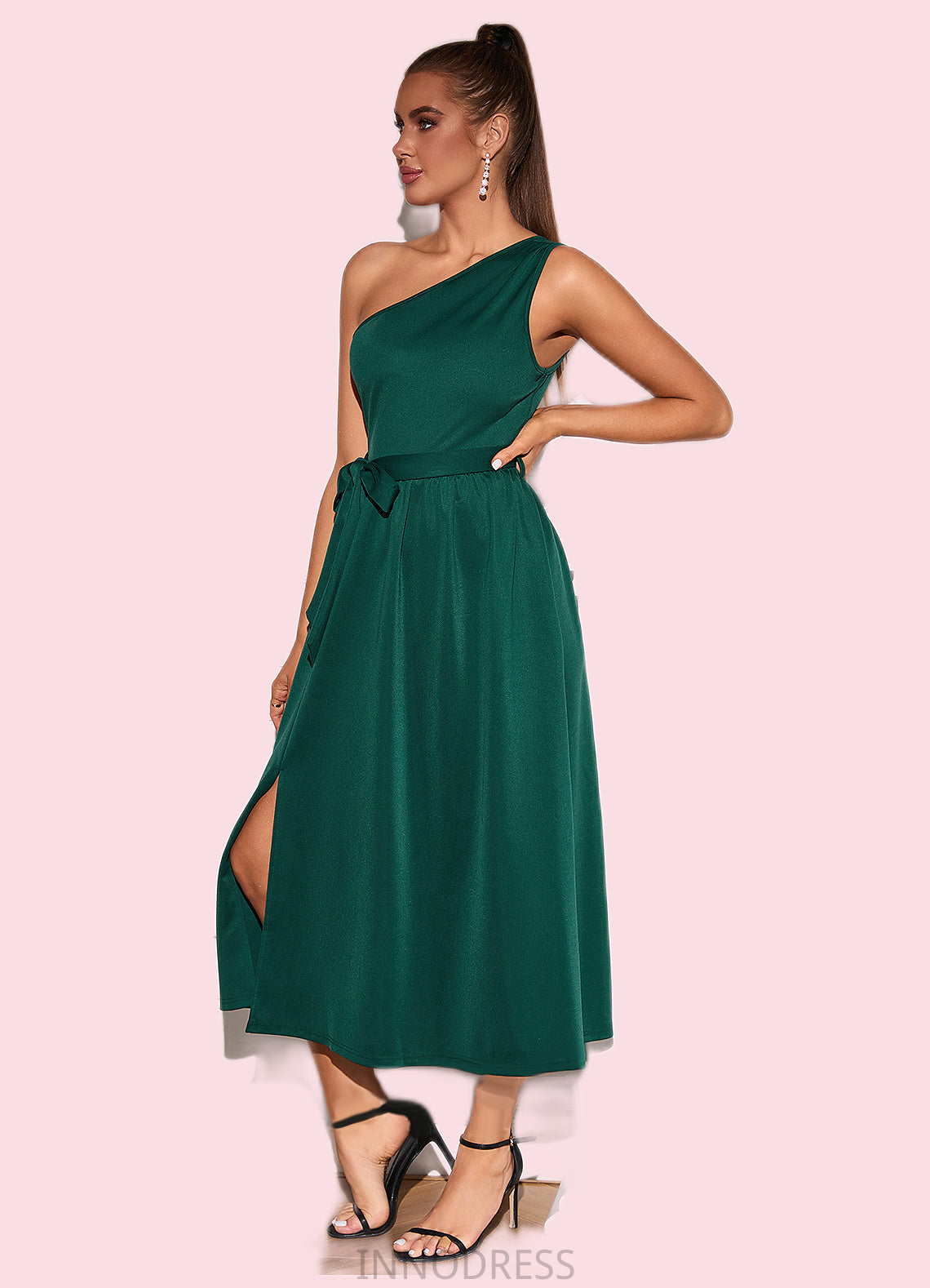 Katie One Shoulder Vacation A-line Cotton Blends Midi Dresses DPP0022529