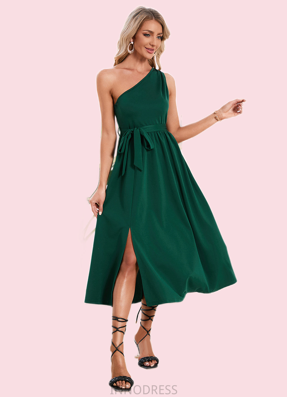 Katie One Shoulder Vacation A-line Cotton Blends Midi Dresses DPP0022529