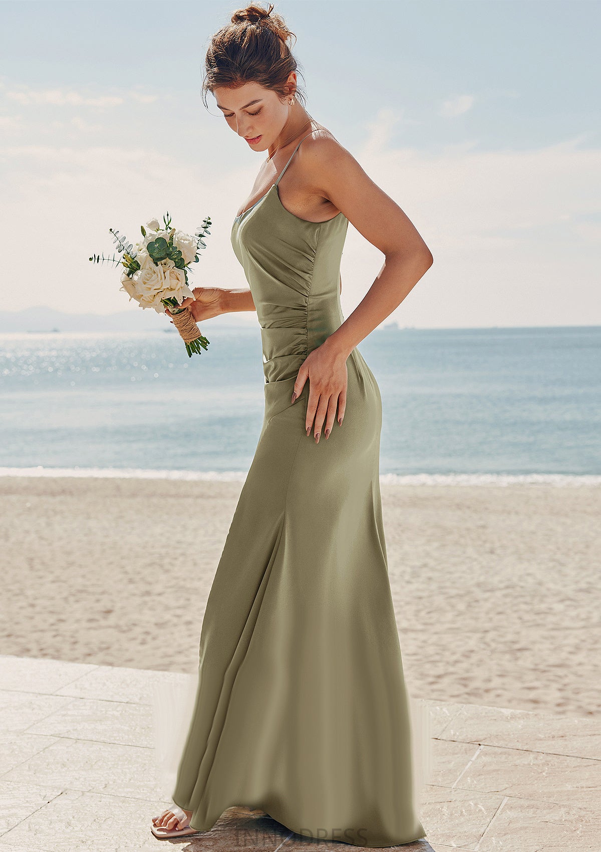 Trumpet/Mermaid Scoop Neck Sleeveless Floor-Length Stretch Satin Bridesmaid Dresses with Pleated Split Janiya DPP0025219