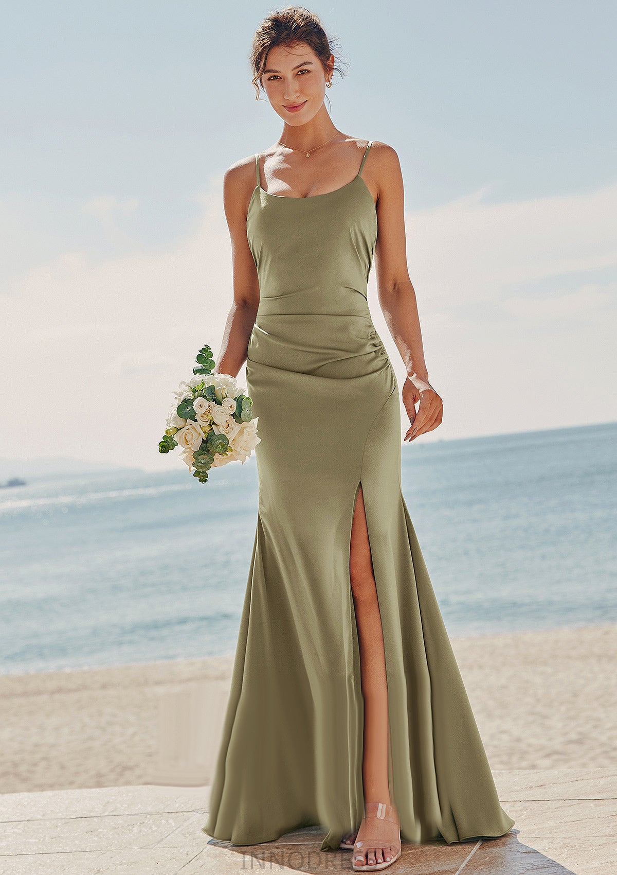 Trumpet/Mermaid Scoop Neck Sleeveless Floor-Length Stretch Satin Bridesmaid Dresses with Pleated Split Janiya DPP0025219