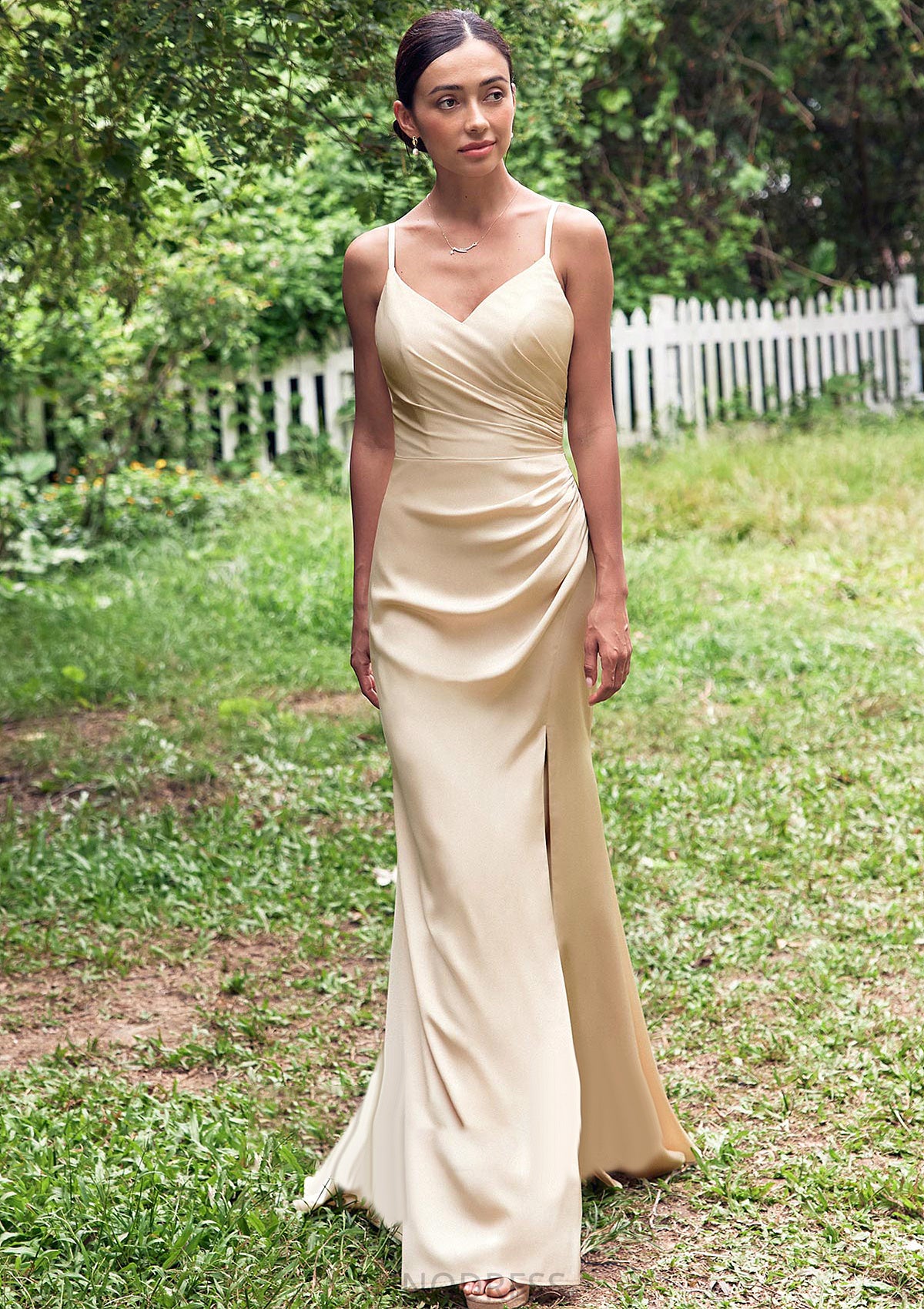 Sheath/Column V Neck Sleeveless Floor-Length Stretch Satin Bridesmaid Dresses with Pleated Split Diya DPP0025222