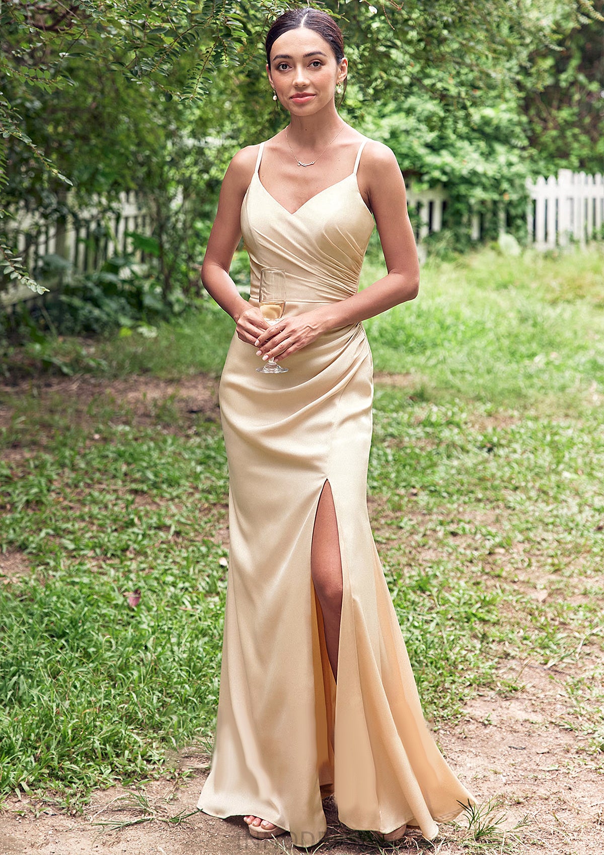 Sheath/Column V Neck Sleeveless Floor-Length Stretch Satin Bridesmaid Dresses with Pleated Split Diya DPP0025222