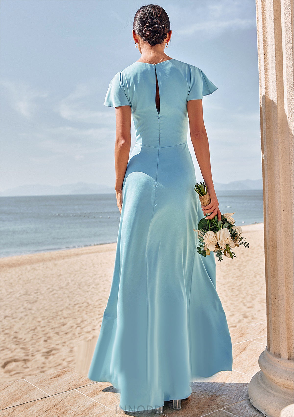 Sheath/Column V Neck Short Sleeve Floor-Length Stretch Satin Bridesmaid Dresses with Pleated Aylin DPP0025225