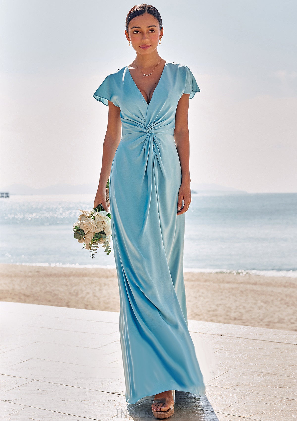 Sheath/Column V Neck Short Sleeve Floor-Length Stretch Satin Bridesmaid Dresses with Pleated Aylin DPP0025225