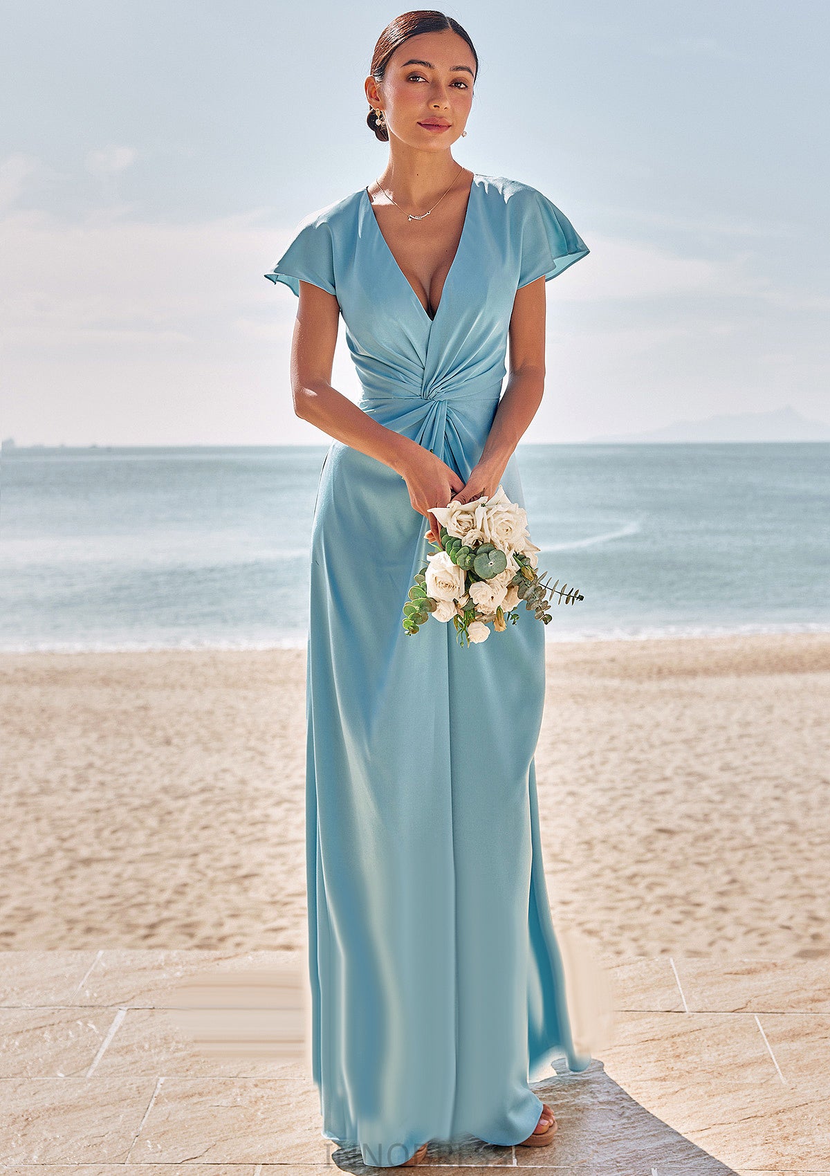 Sheath/Column V Neck Short Sleeve Floor-Length Stretch Satin Bridesmaid Dresses with Pleated Aylin DPP0025225