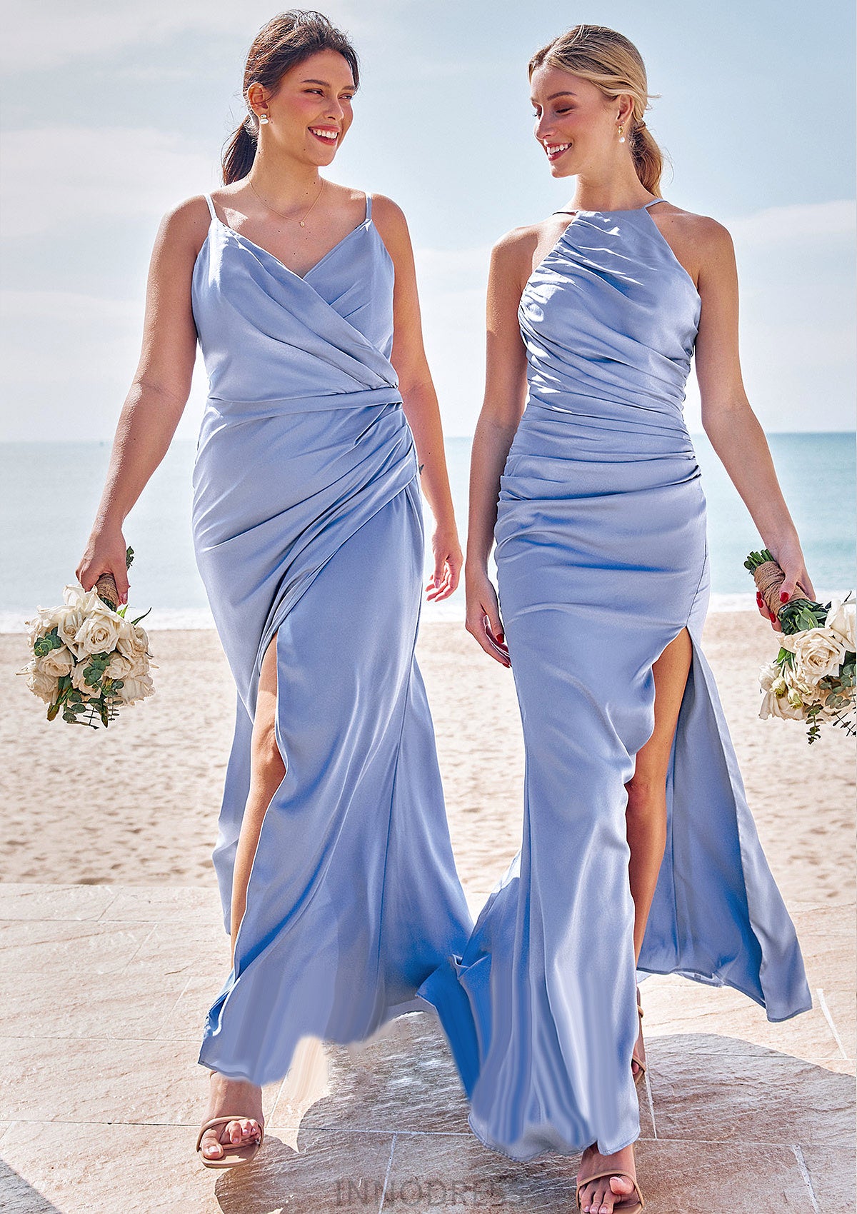 Sheath/Column V Neck Sleeveless Floor-Length Stretch Satin Bridesmaid Dresses with Pleated Split Nancy DPP0025227