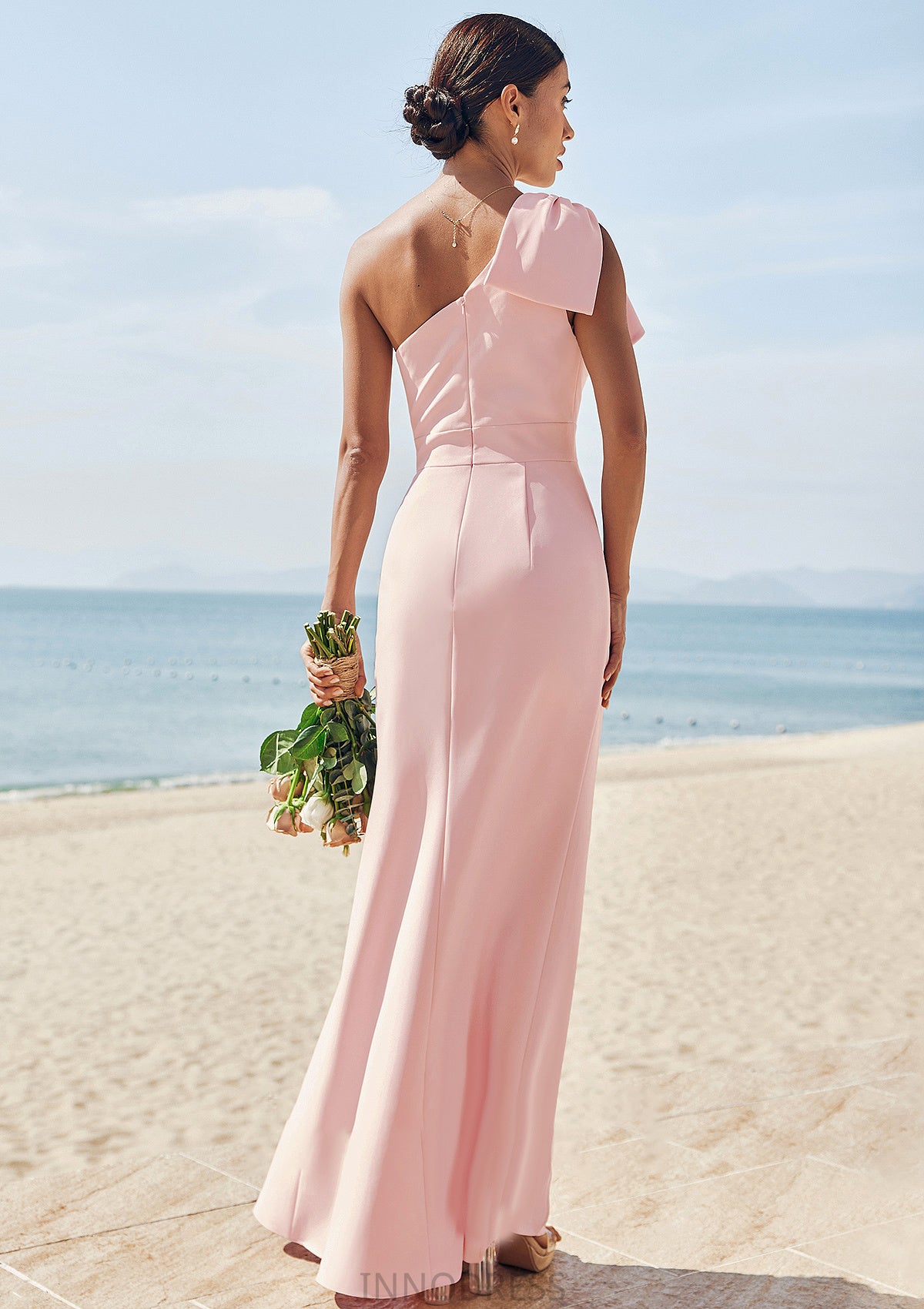 Sheath/Column One-Shoulder Sleeveless Floor-Length Stretch Crepe Bridesmaid Dresses with Bowknot Split Maritza DPP0025230