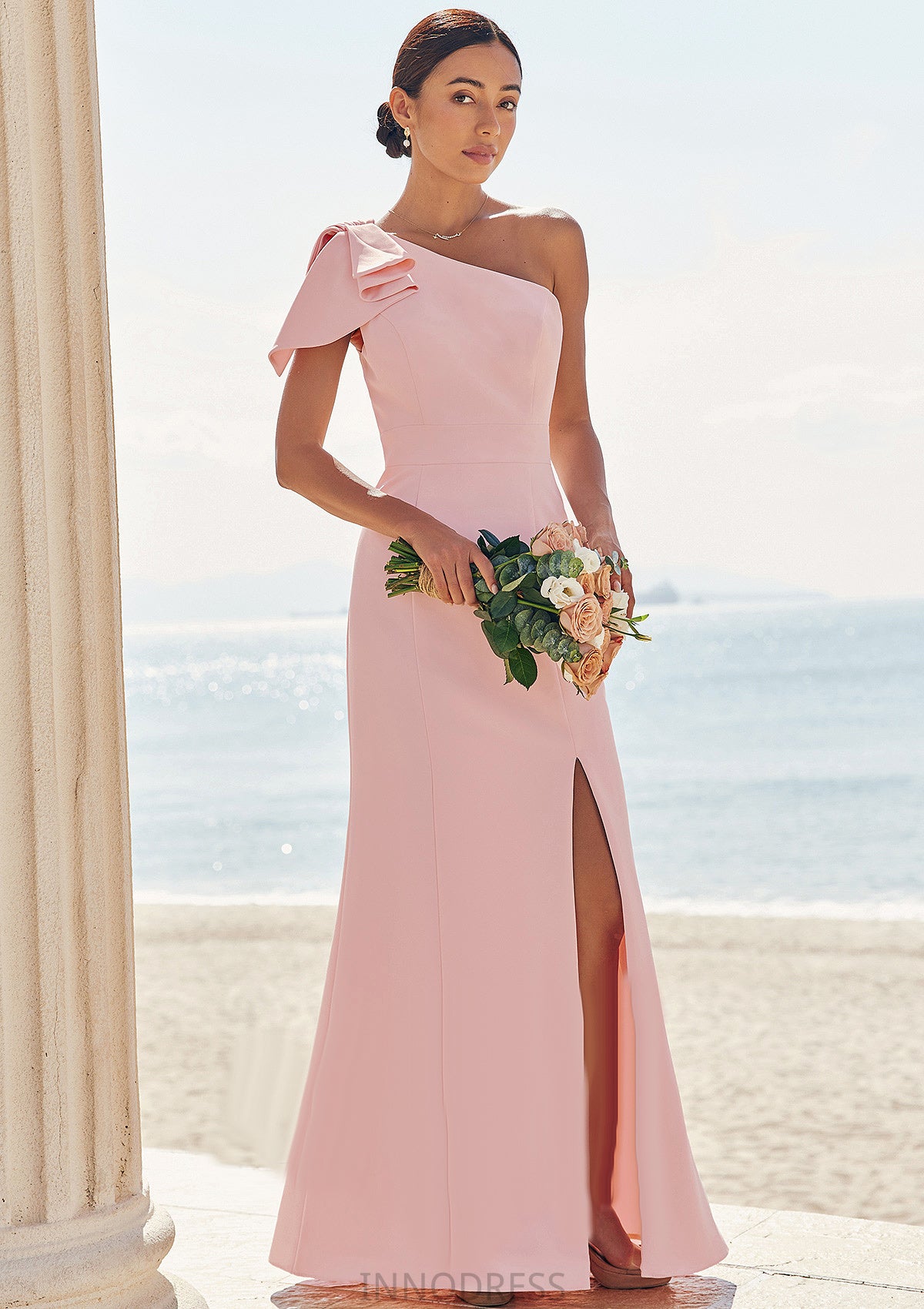 Sheath/Column One-Shoulder Sleeveless Floor-Length Stretch Crepe Bridesmaid Dresses with Bowknot Split Maritza DPP0025230