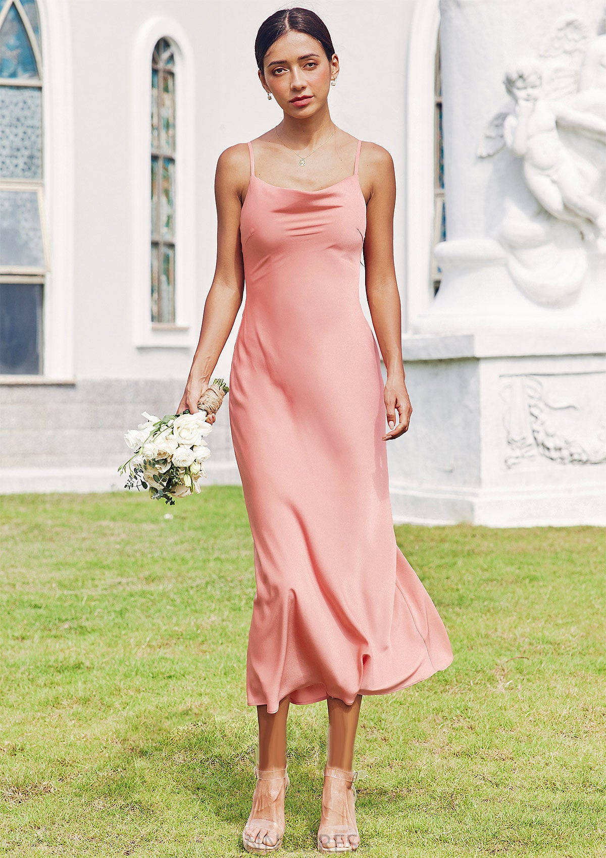 Sheath/Column Cowl Neck Sleeveless Tea-Length Stretch Satin Bridesmaid Dresses Denise DPP0025232