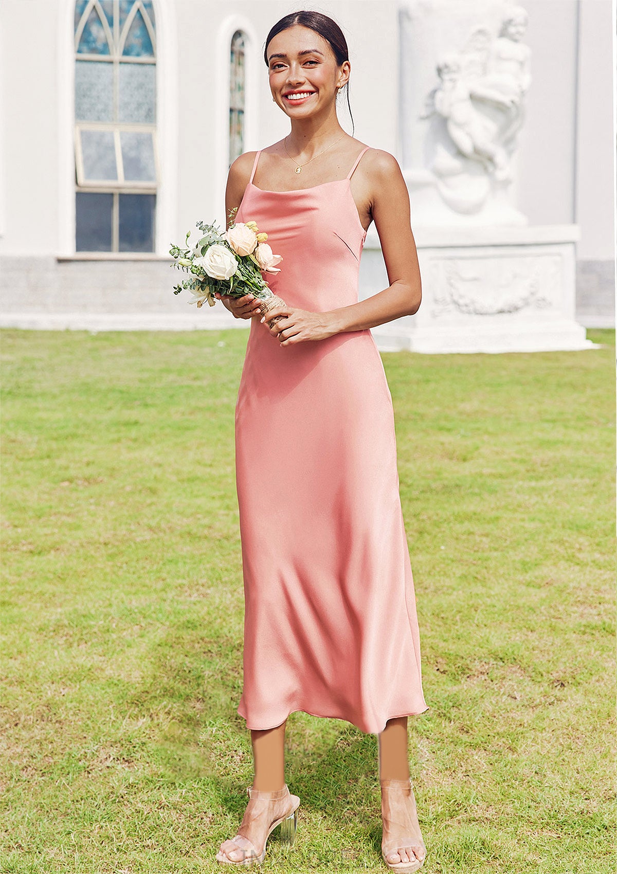 Sheath/Column Cowl Neck Sleeveless Tea-Length Stretch Satin Bridesmaid Dresses Denise DPP0025232