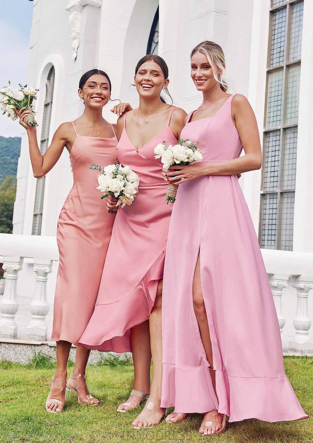 Sheath/Column Cowl Neck Sleeveless Tea-Length Stretch Satin Bridesmaid Dresses Denise DPP0025232