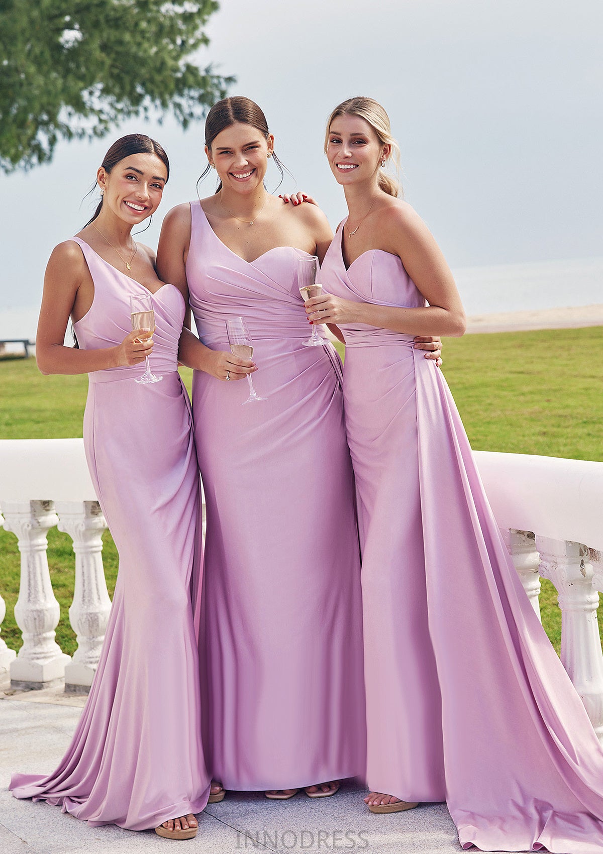 Trumpet/Mermaid One-Shoulder Sleeveless Floor-Length Jersey Bridesmaid Dresses with Pleated Side Draping Elisa DPP0025234