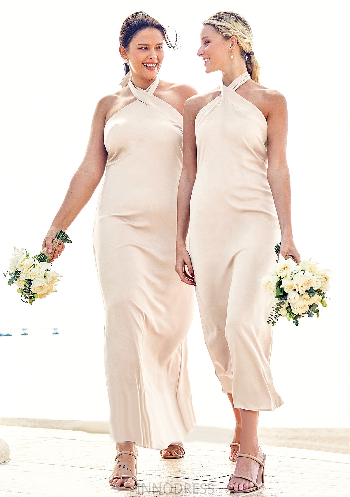 Sheath/Column Halter Sleeveless Ankle-Length Stretch Satin Bridesmaid Dresses with Bowknot Adyson DPP0025236