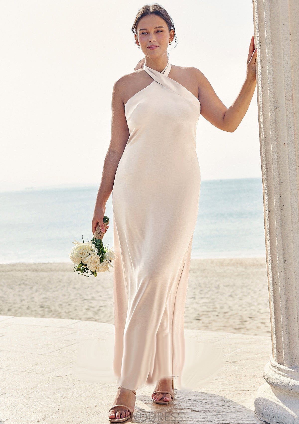 Sheath/Column Halter Sleeveless Ankle-Length Stretch Satin Plus Size Bridesmaid Dresses with Bowknot Willa DPP0025237