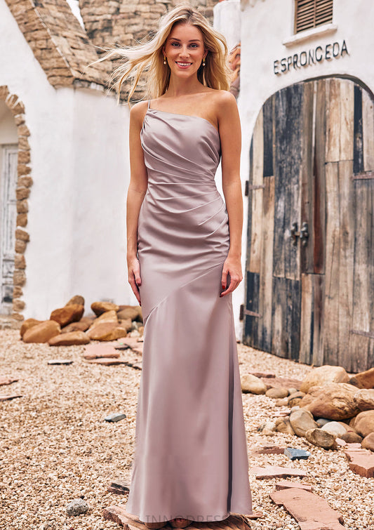 Sheath/Column One-Shoulder Sleeveless Floor-Length Stretch Satin Bridesmaid Dresses with Pleated Tia DPP0025238