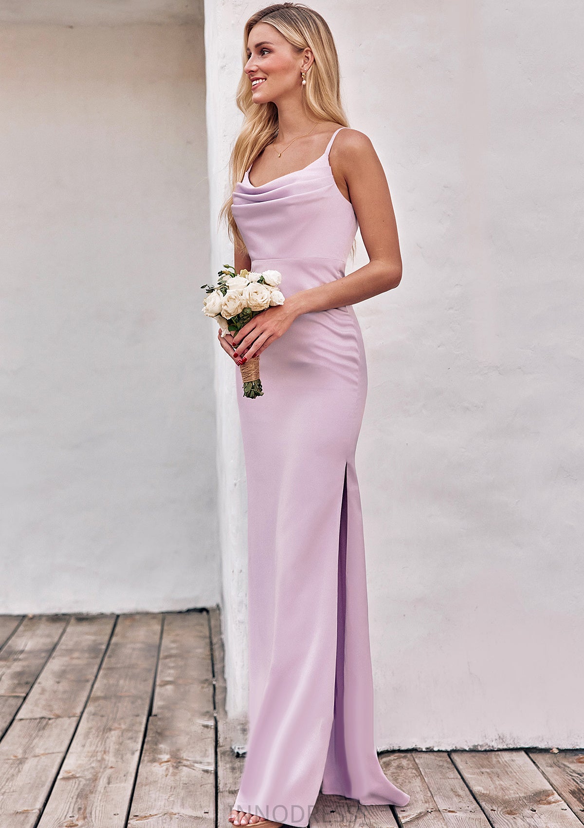 Sheath/Column Cowl Neck Sleeveless Floor-Length Stretch Satin Bridesmaid Dresses with Pleated Split Paisley DPP0025242