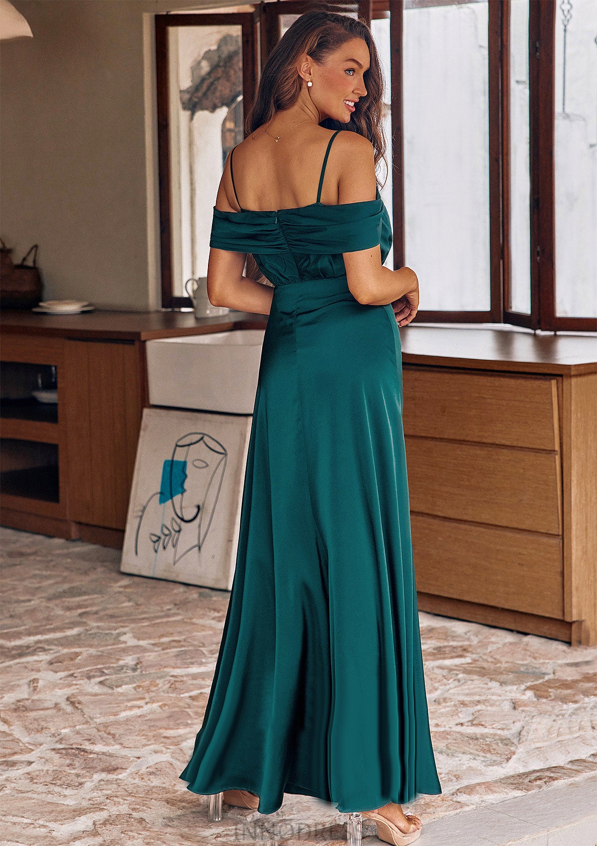 A-line Off-the-Shoulder Sleeveless Floor-Length Stretch Satin Bridesmaid Dresses with Pleated Kinsley DPP0025243